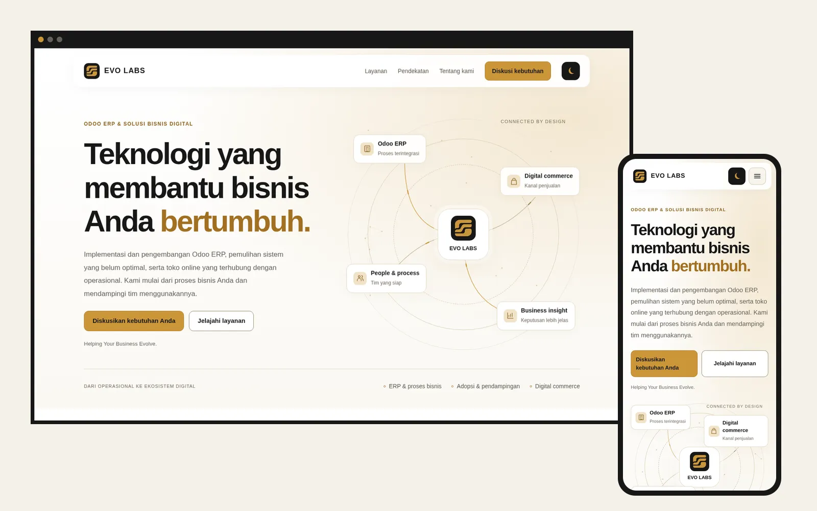 Tampilan halaman utama evolabs.id di layar desktop dan di HP